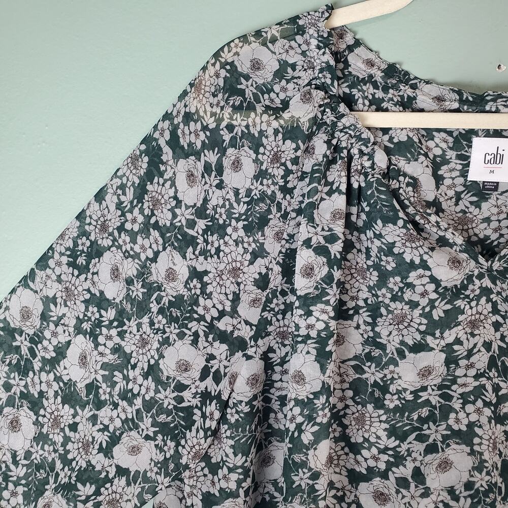 Cabi Womens Olive Green Floral Print Sheer Bianca Peasant Blouse Top Size Medium - Picture 5 of 7